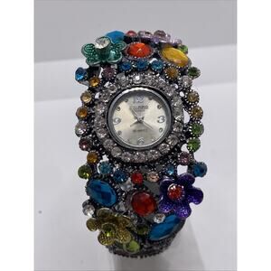 Vintage Flower Figaro Couture Womens Bangle Watch Gems Quartz Works New Battery